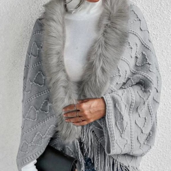 Gray Faux fur Trim Textured Knit  Open front Sweater Cardigan - Picture 8 of 9